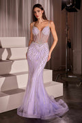 Lavender embellished prom dress with spaghetti straps, V neckline, and flared mermaid hem