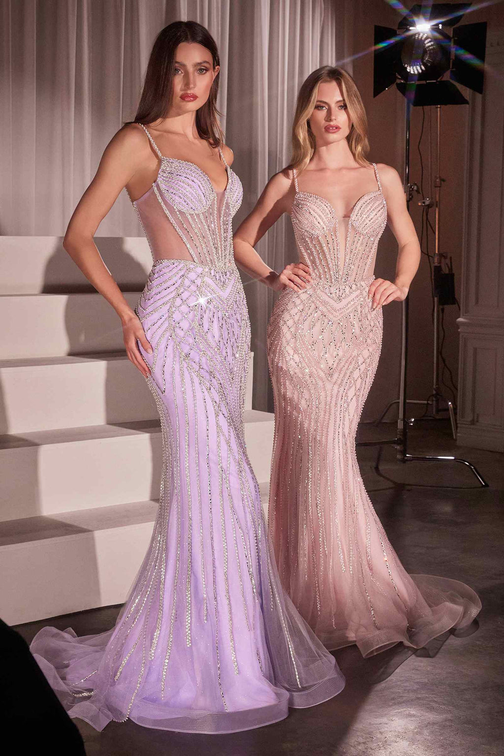 Lavender embellished prom dress with spaghetti straps, V neckline, fitted mermaid silhouette