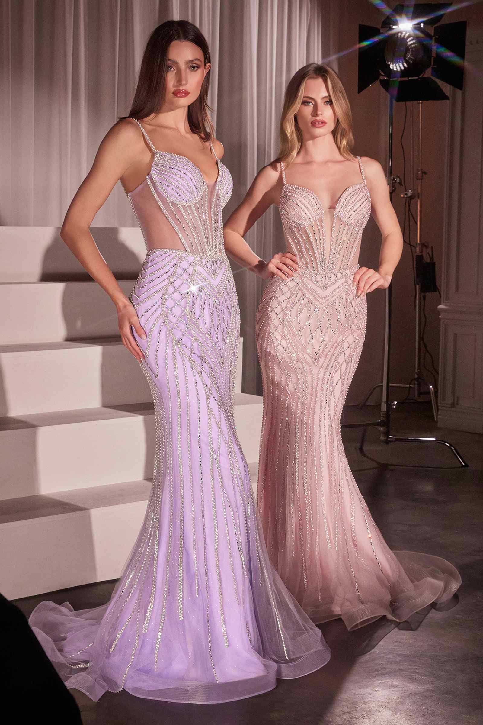 Lavender embellished prom dress with spaghetti straps, V neckline, fitted mermaid silhouette