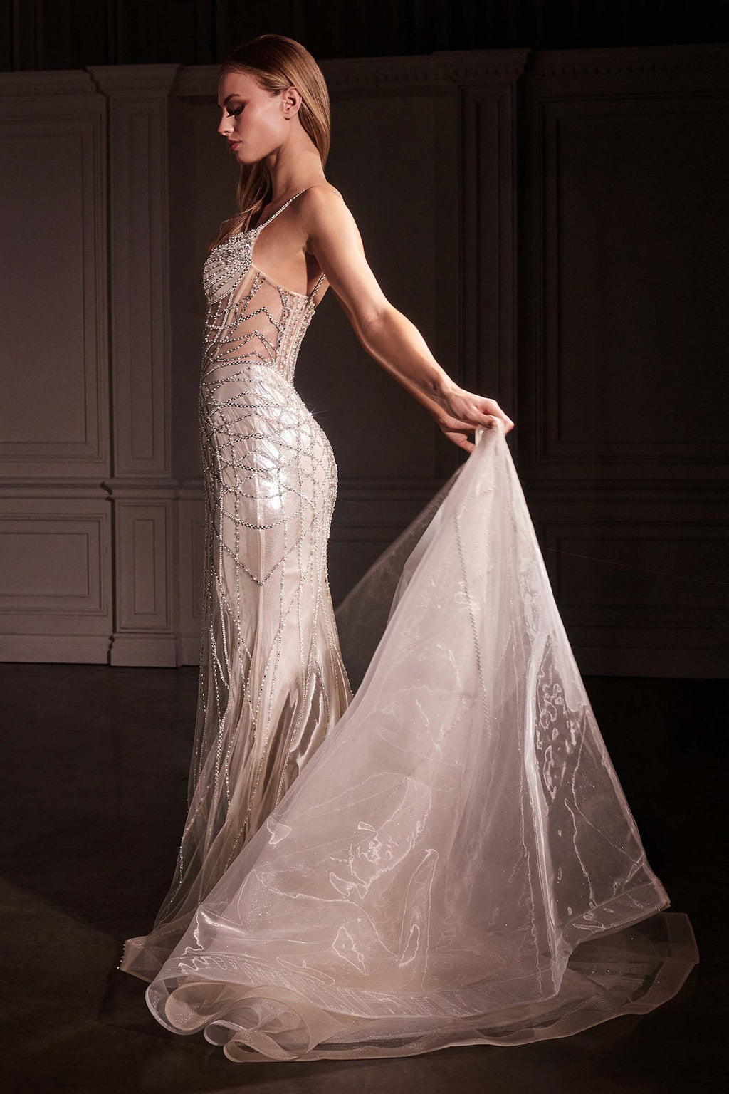 Platinum crystal-embellished gown with sheer overskirt, back side view