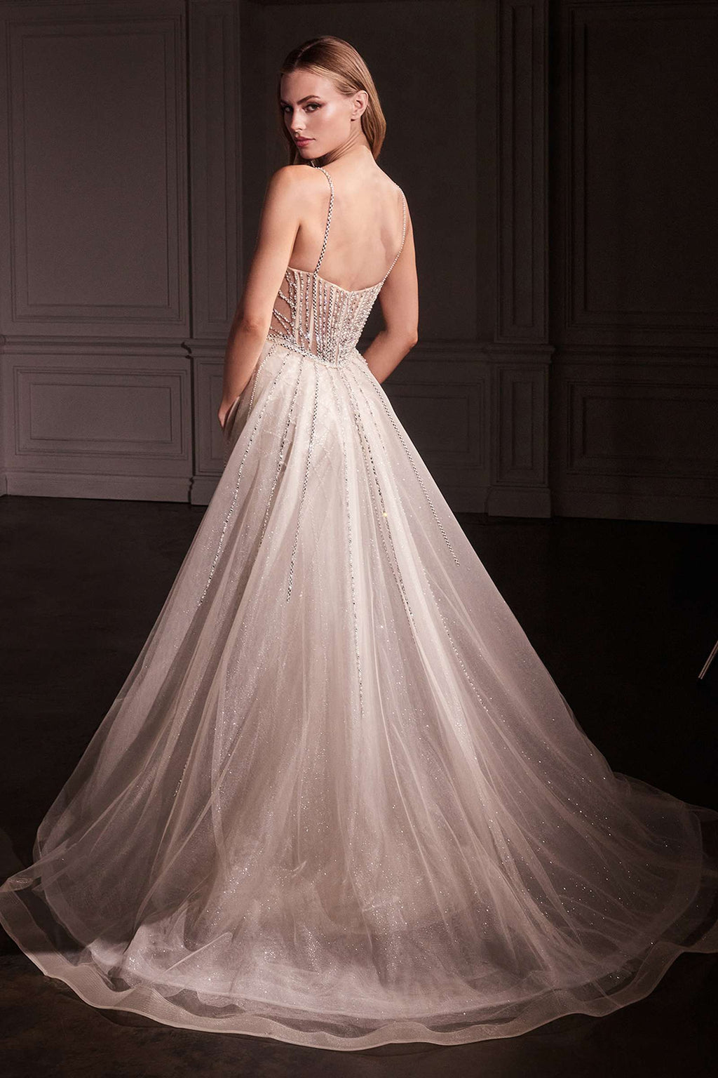 Platinum crystal-embellished backless fit-and-flare gown with sheer overskirt