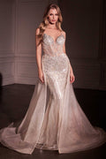 Platinum crystal-embellished fit-and-flare gown with sheer overskirt