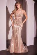 Rose gold fitted evening dress with pearl-and-crystal beading and thin spaghetti straps