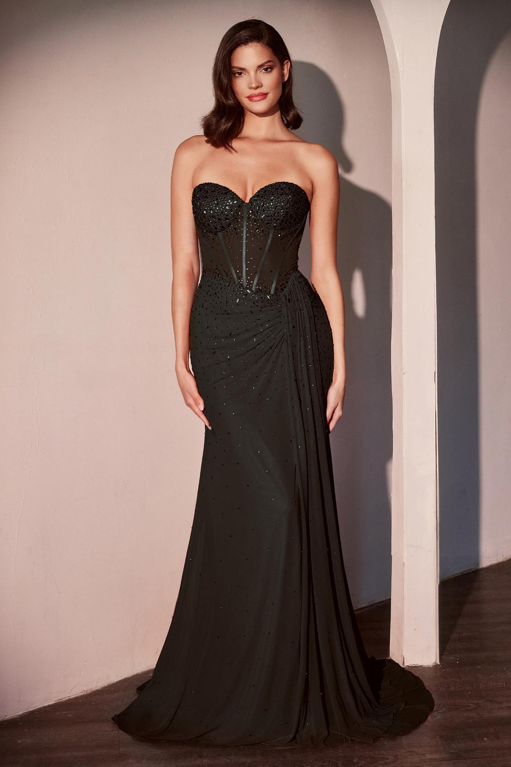Black strapless fitted stretch net dress with scattered rhinestones and sweetheart neckline