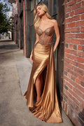 Sienna gold strapless satin gown with crystal-embellished bodice and draped skirt
