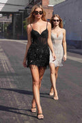 Black sequin fringe cocktail dress with spaghetti straps and V neckline, short hem
