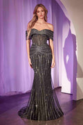 Strapless crystal embellished fitted gown with sweetheart neckline, dark beaded finish