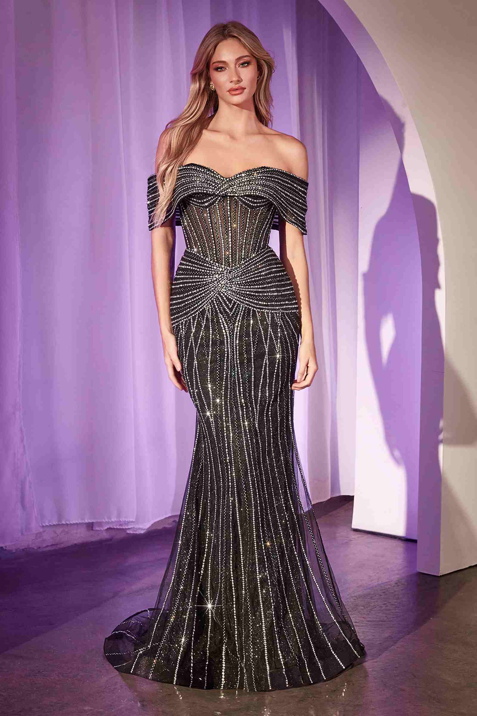 Strapless crystal embellished fitted gown with sweetheart neckline, dark beaded finish