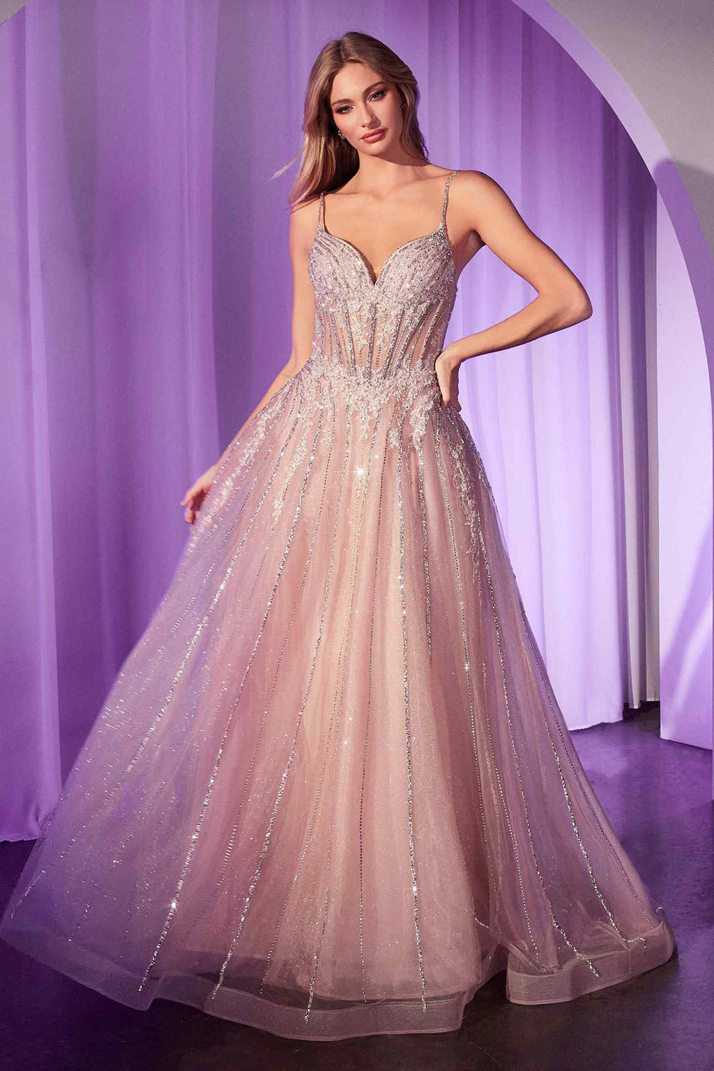 Silver crystal-embellished A-line tulle gown with sweetheart neckline and sequined bodice