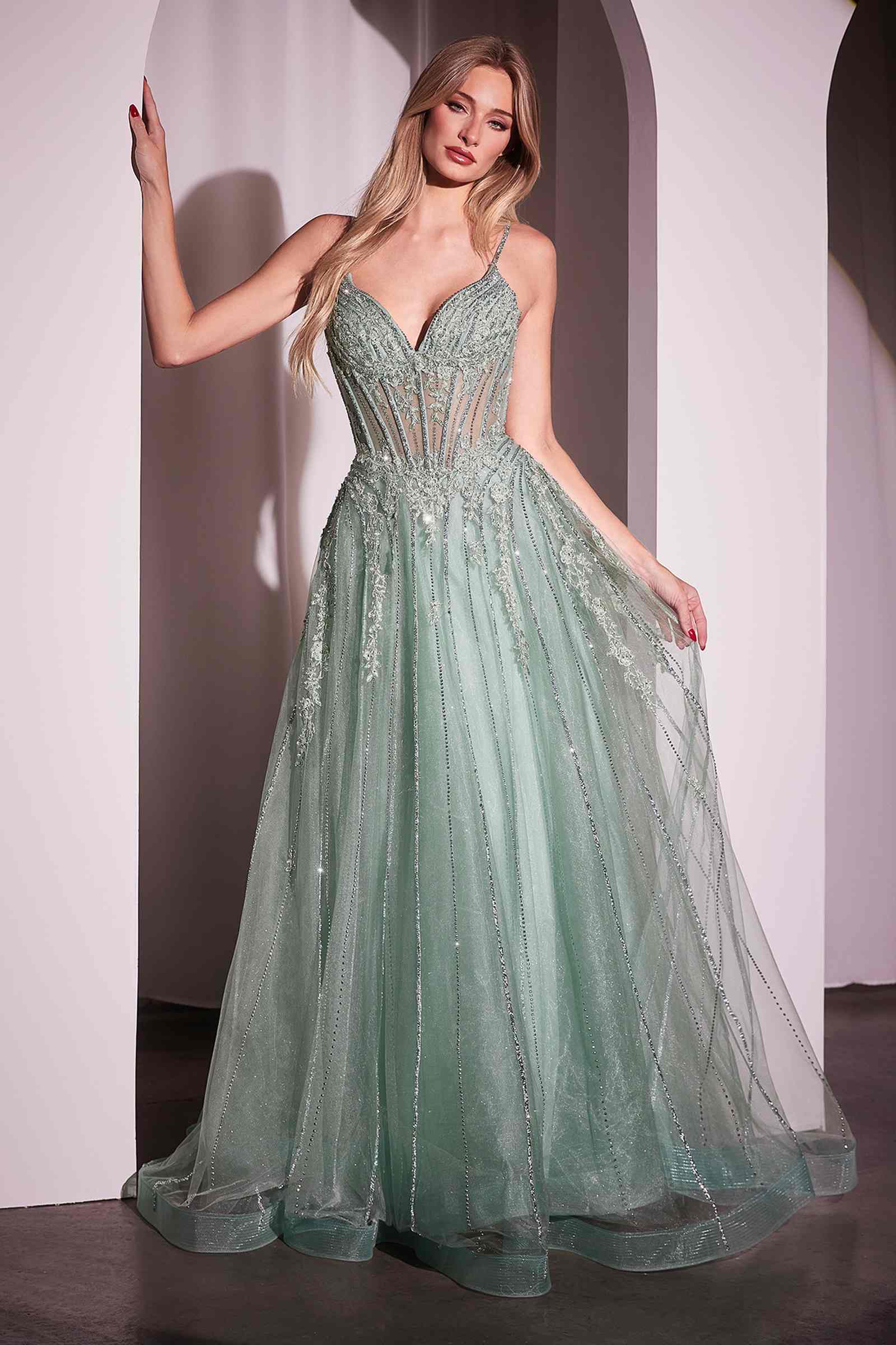 Sage green crystal-embellished A-line tulle gown, sweetheart neckline, spaghetti straps