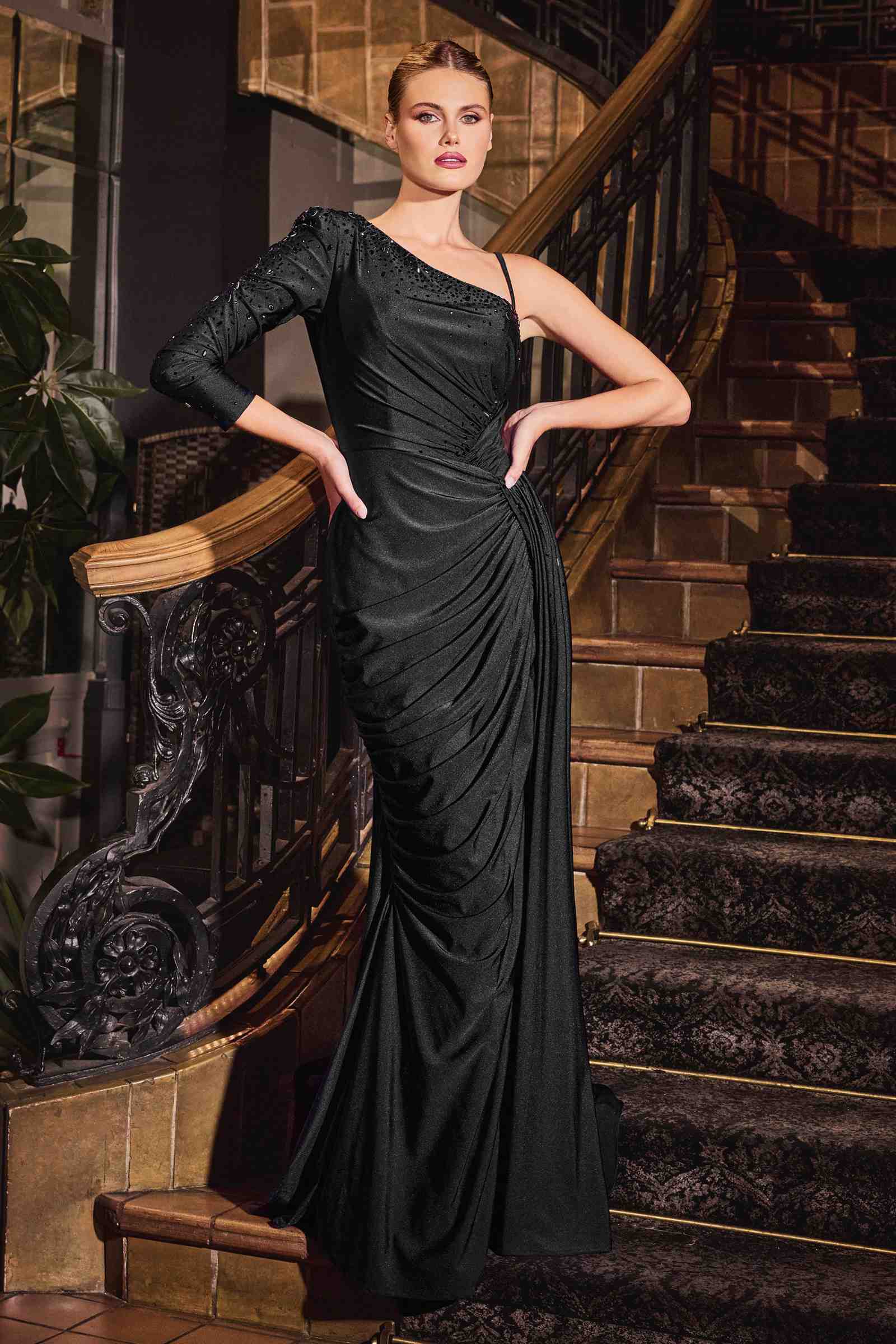 One-shoulder satin fitted gown in black with ruched bodice and side leg slit