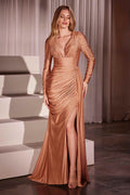 Rose gold long-sleeve satin gown with V-neck, ruched bodice, and embellished detail