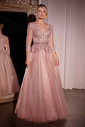Dusty rose A-line lace and tulle gown with three-quarter sleeves and V-neck bodice