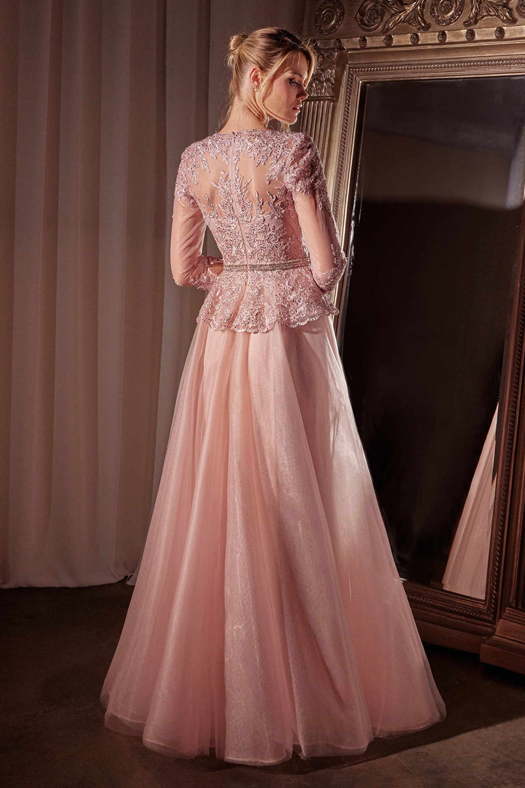 Dusty rose A-line gown with lace back detail, three-quarter sleeves and scalloped waist trim