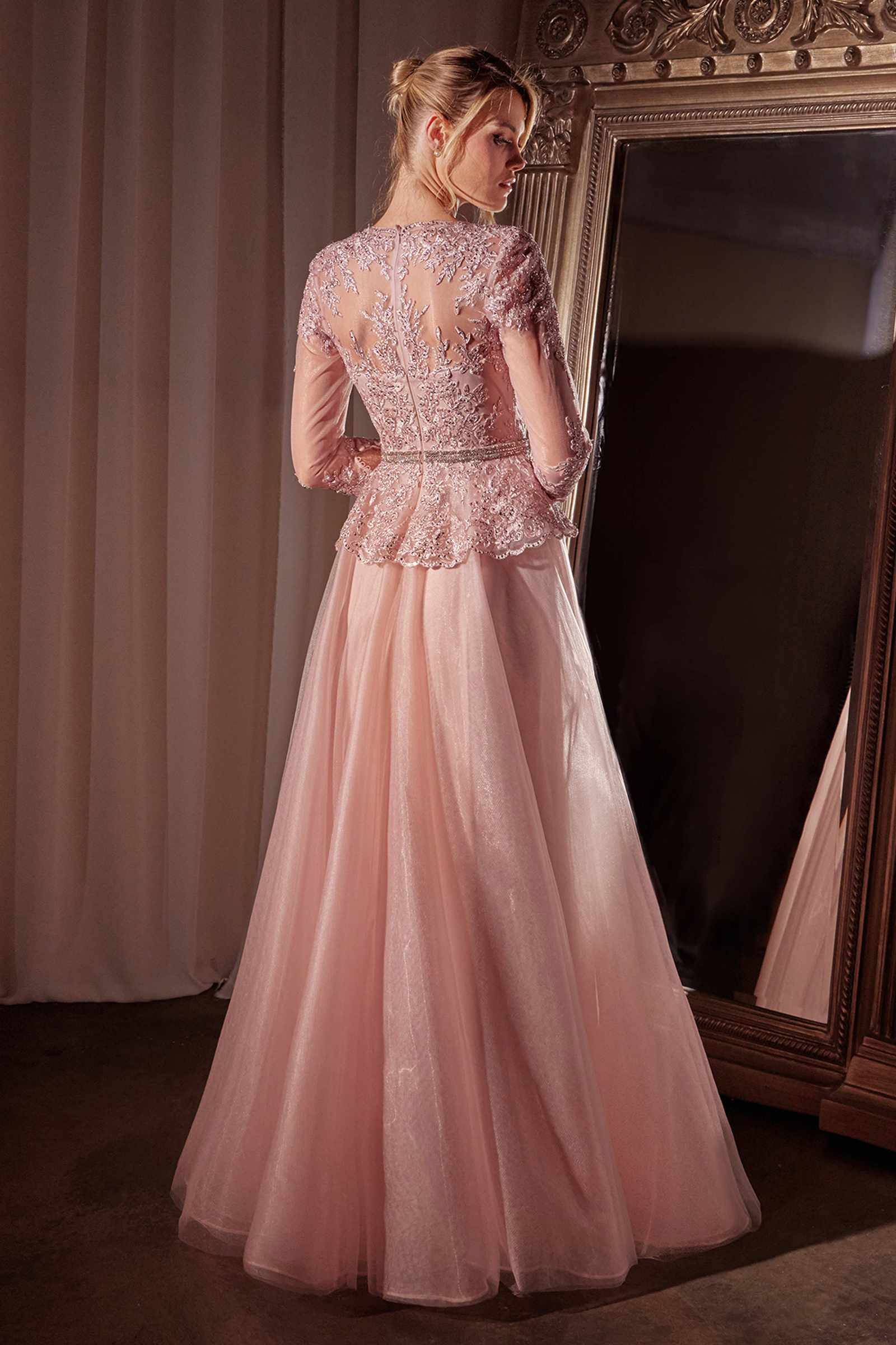 Dusty rose A-line gown with lace back detail, three-quarter sleeves and scalloped waist trim