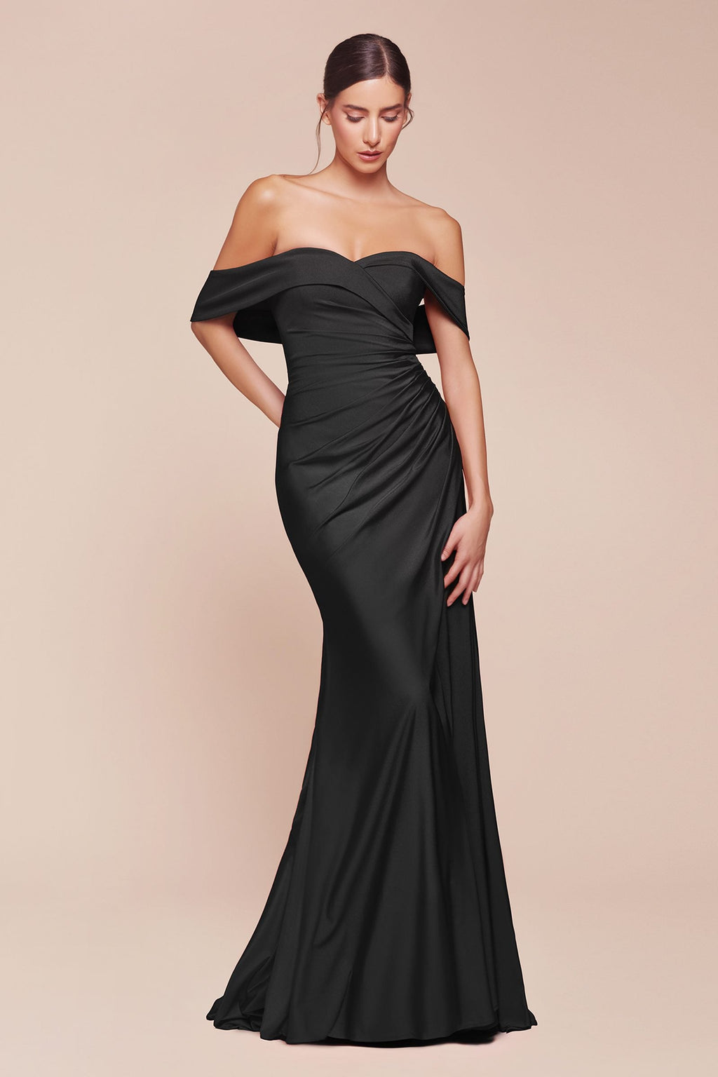 Off-the-shoulder ruched stretch spandex gown in black with draped bodice