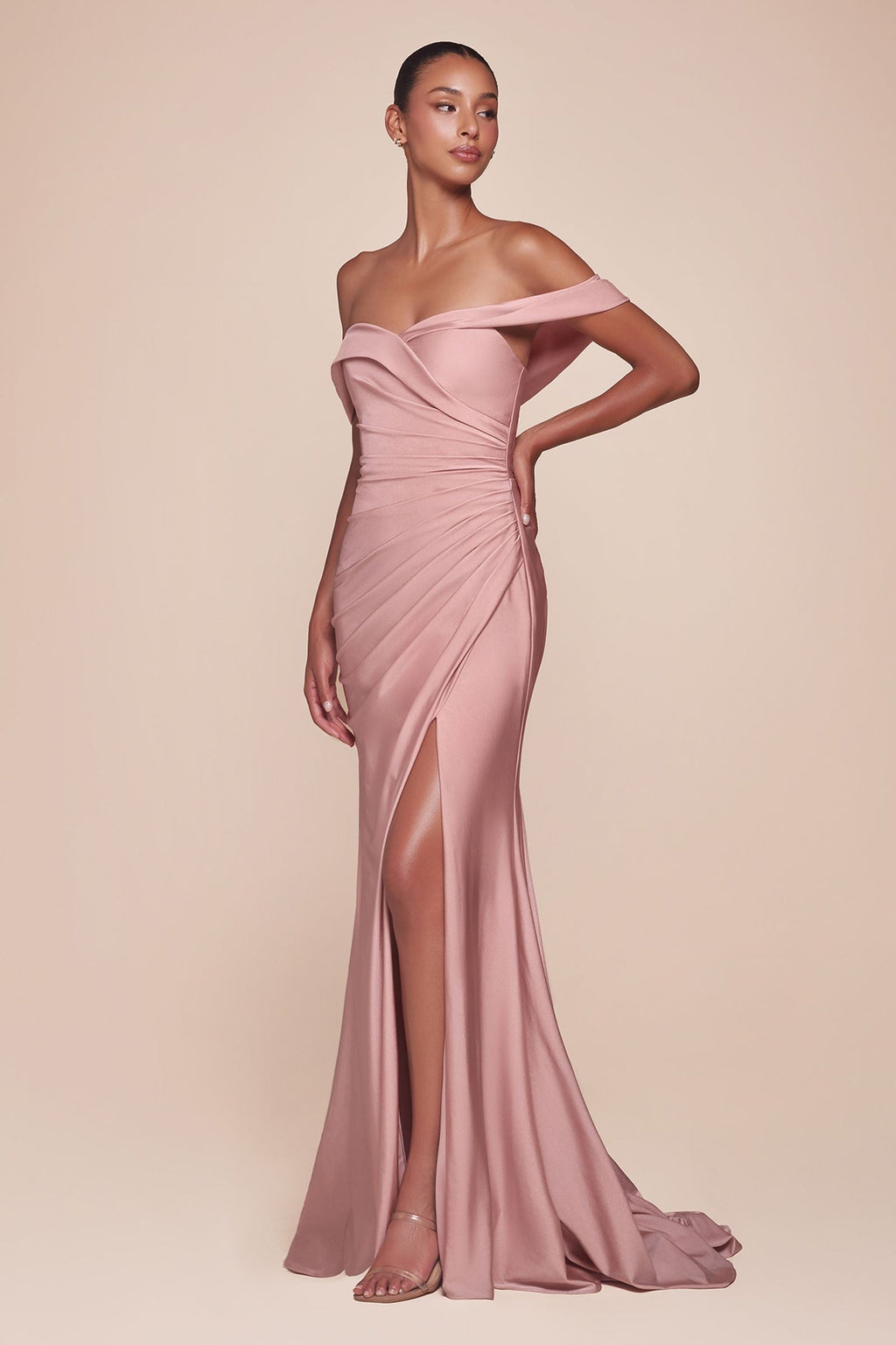 Off-the-shoulder ruched stretch spandex gown in blush pink with side slit