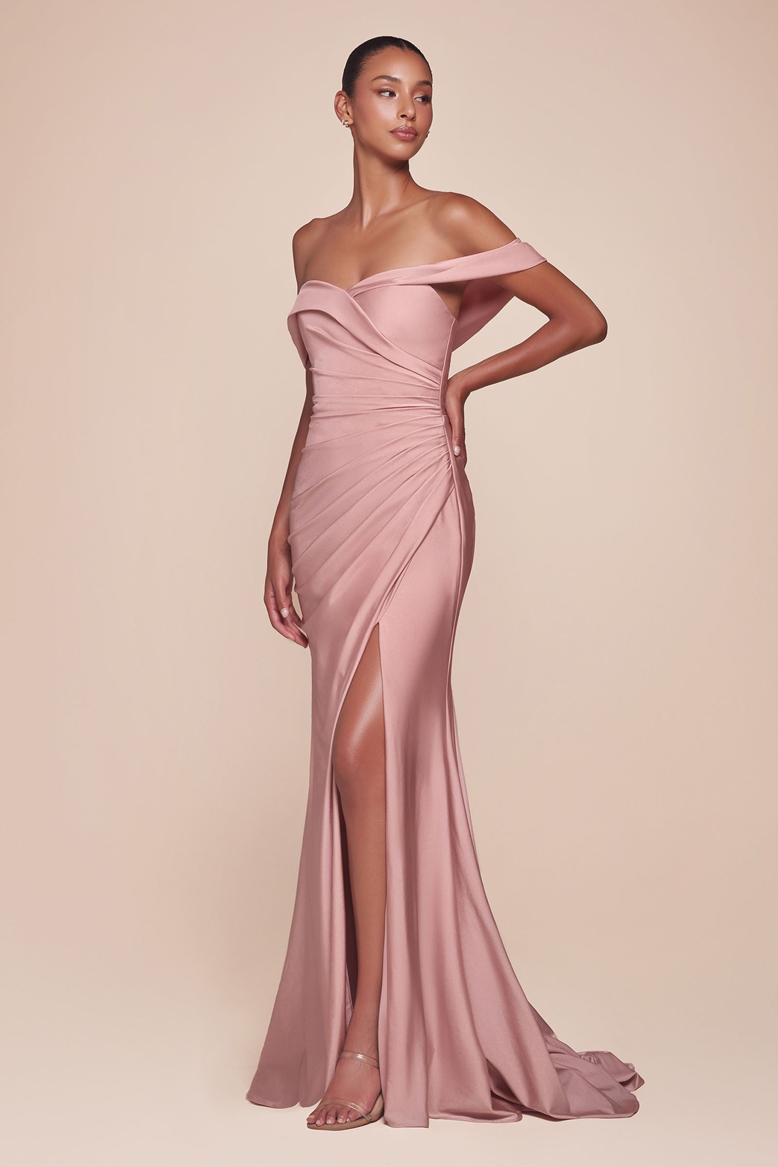 Off-the-shoulder ruched stretch spandex gown in blush pink with side slit