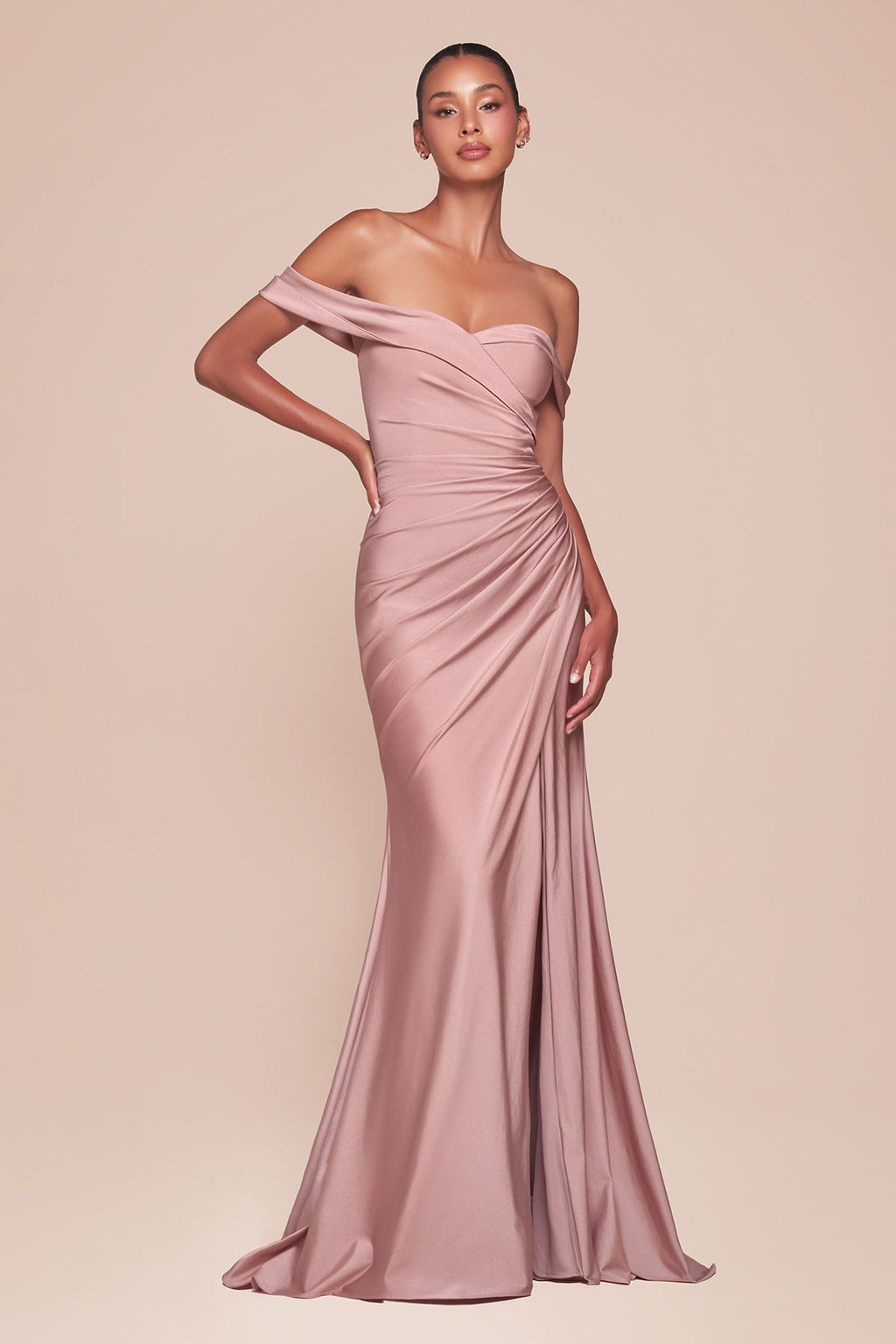 Rose off-shoulder stretch gown with ruched bust and draped skirt