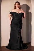 Off-the-shoulder ruched long black gown with front slit