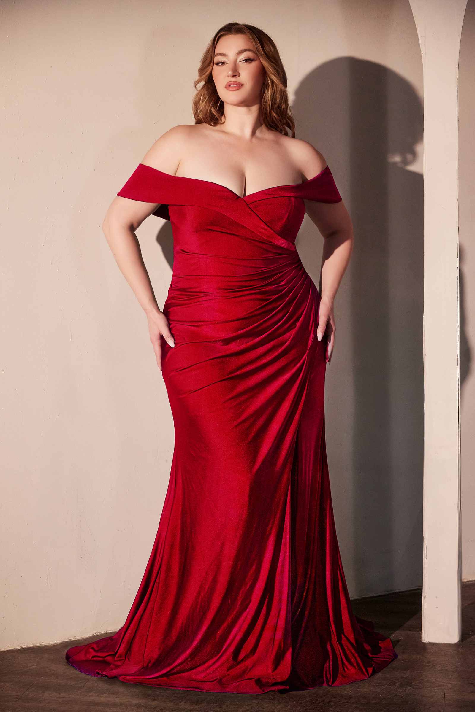 Off-the-shoulder ruched long gown in red with front slit