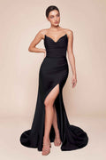 Strapless fitted satin evening dress with side slit and sweetheart neckline, black