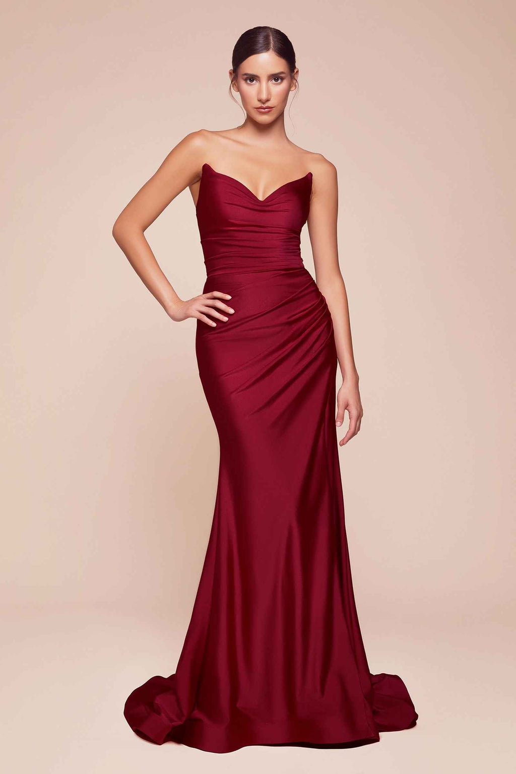 Strapless satin fitted evening dress with side slit and ruched bodice, burgundy red
