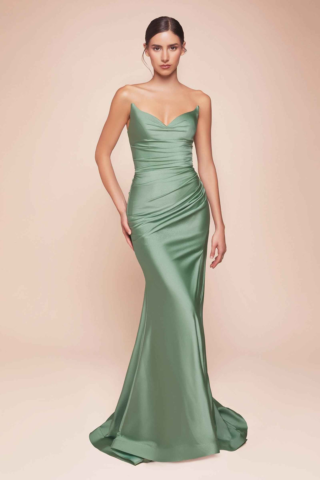 Sage green strapless satin fitted gown with sweetheart neckline and ruched skirt