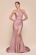 Dusty rose strapless fitted satin gown with draped bodice and front slit