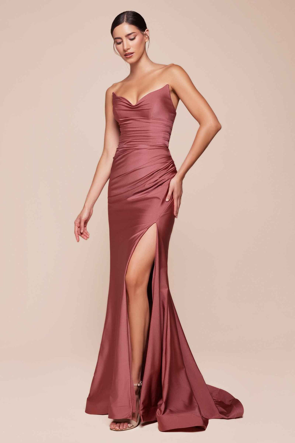 Mauve strapless satin fitted gown with sweetheart neckline and front slit