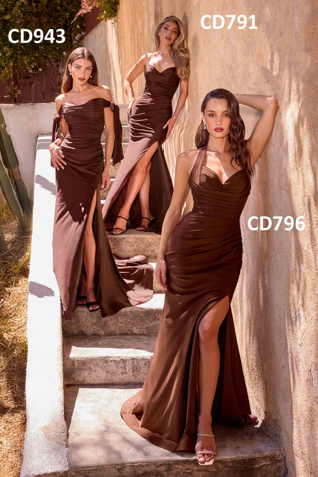 Strapless satin fitted gown with sweetheart neckline and thigh slit on multiple models.