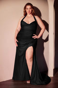 Stretch satin halter dress in black, ruched fitted gown with front leg slit