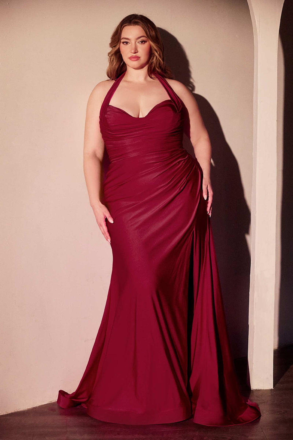Stretch satin halter dress in deep red, ruched fitted gown with side slit