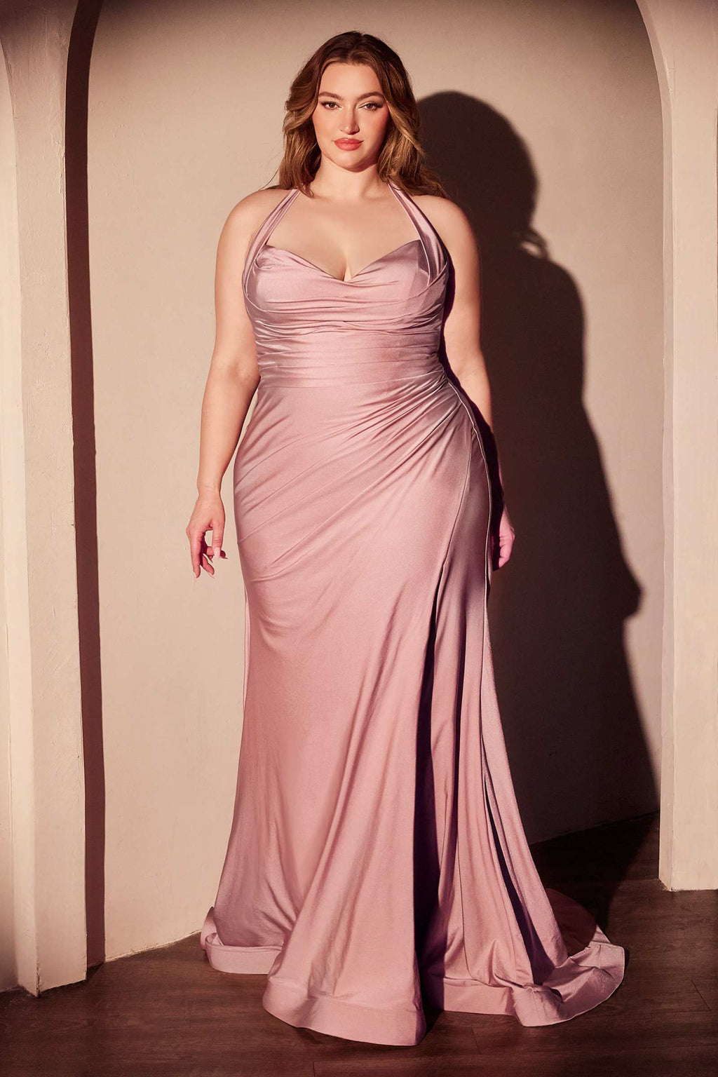 Dusty rose ruched halter satin gown with draped side slit