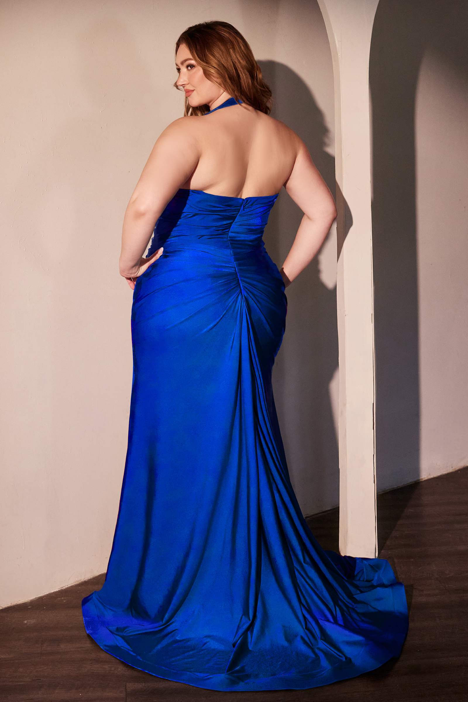 Blue satin halter gown, ruched back with draped detail and long front slit