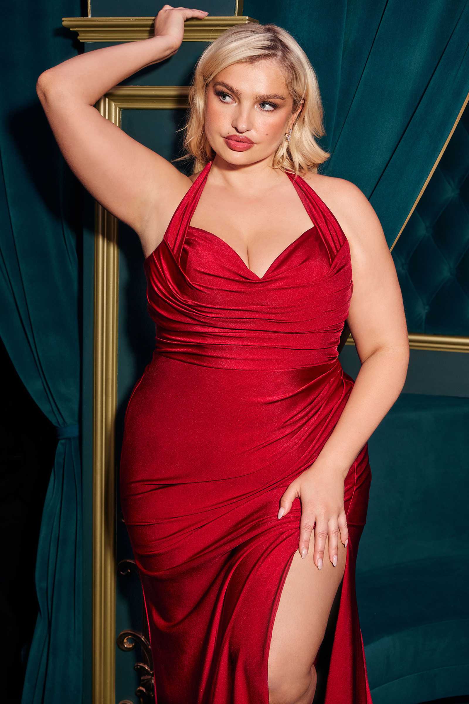 Red satin halter curve dress with ruched side detail and thigh-high slit