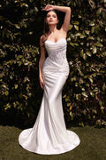 Off-white strapless sweetheart satin wedding dress with draped fitted bodice and flared skirt