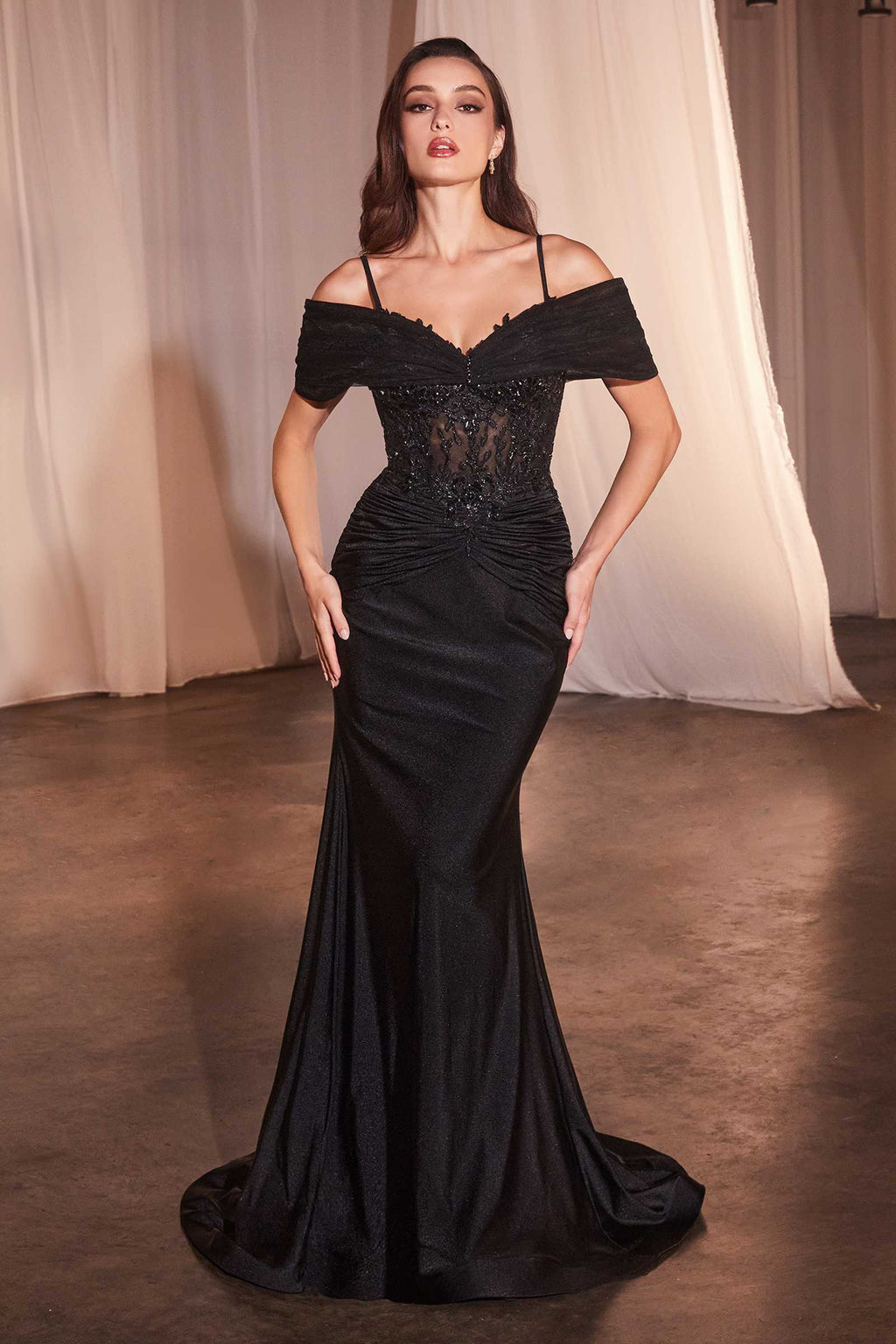 Black satin fitted gown with lace off-shoulder bodice, thin straps, ruched waist, mermaid hem