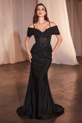 Black satin fitted gown with lace off-shoulder bodice, thin straps, ruched waist, mermaid hem
