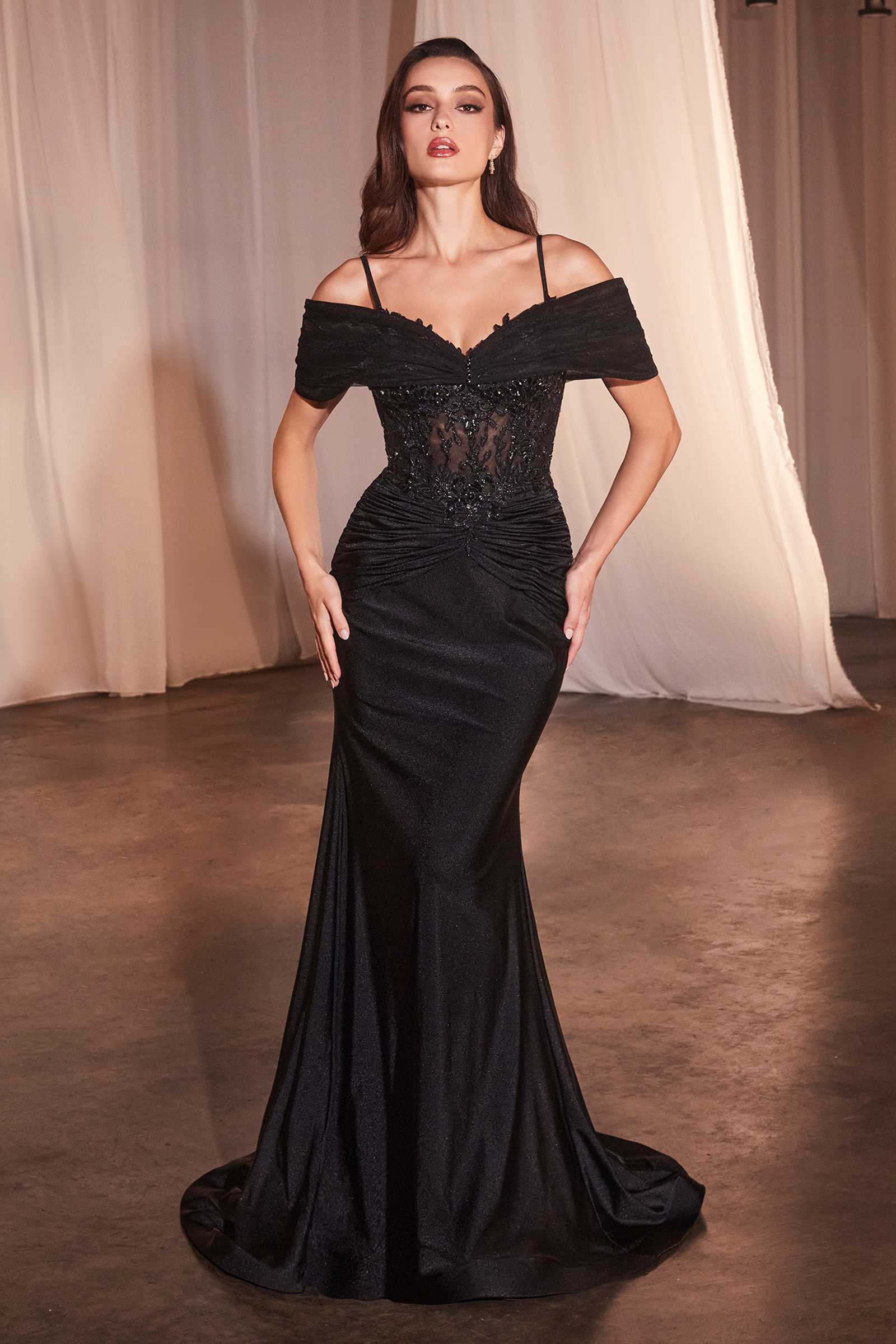 Black satin fitted gown with lace off-shoulder bodice, thin straps, ruched waist, mermaid hem