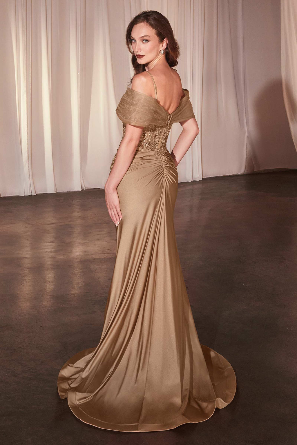 Champagne satin fitted gown with lace off-shoulder neckline, ruched detailing, floor-length mermaid hem