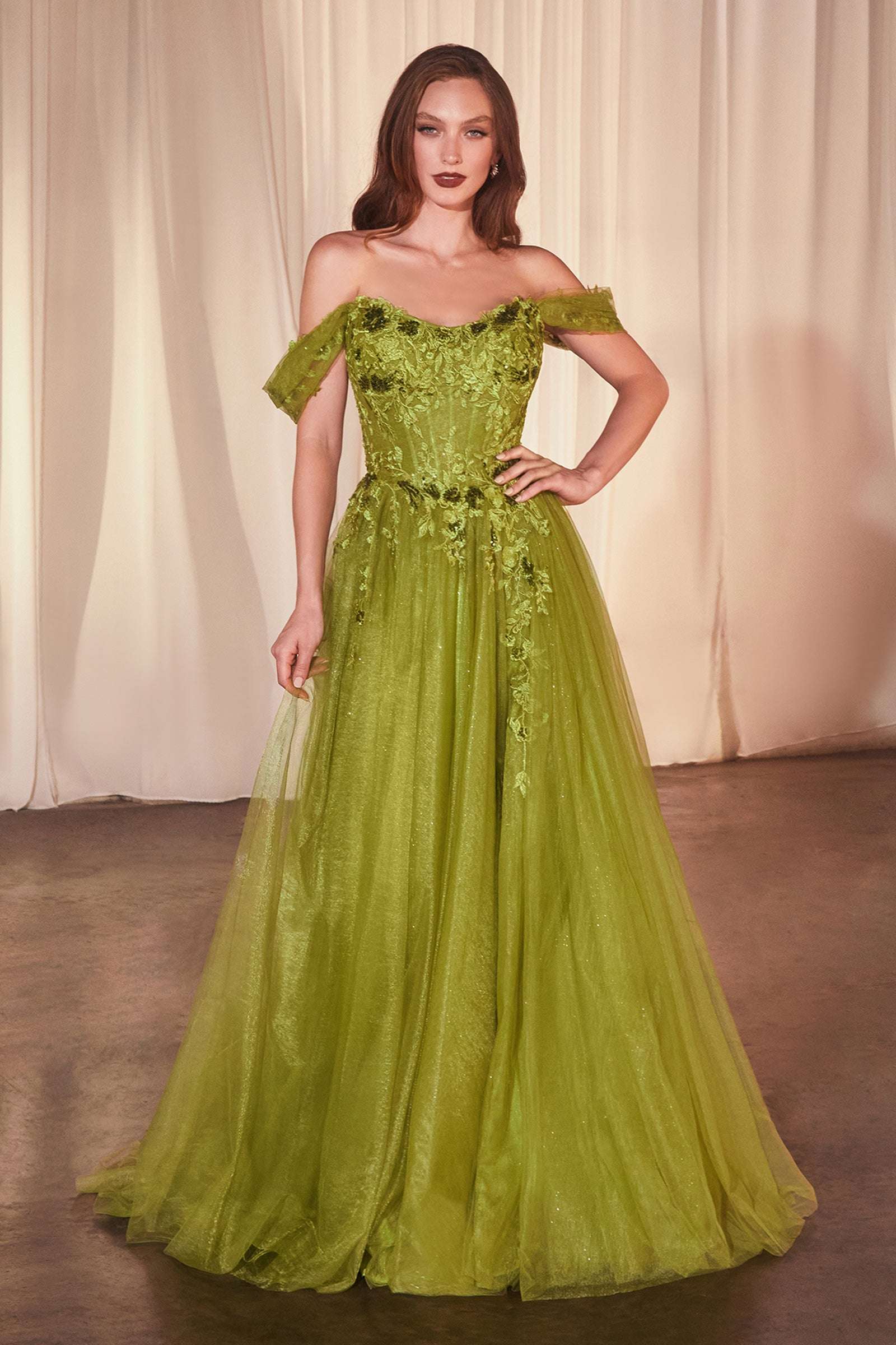 Green off-shoulder A-line ball gown with glitter lace bodice and tulle skirt
