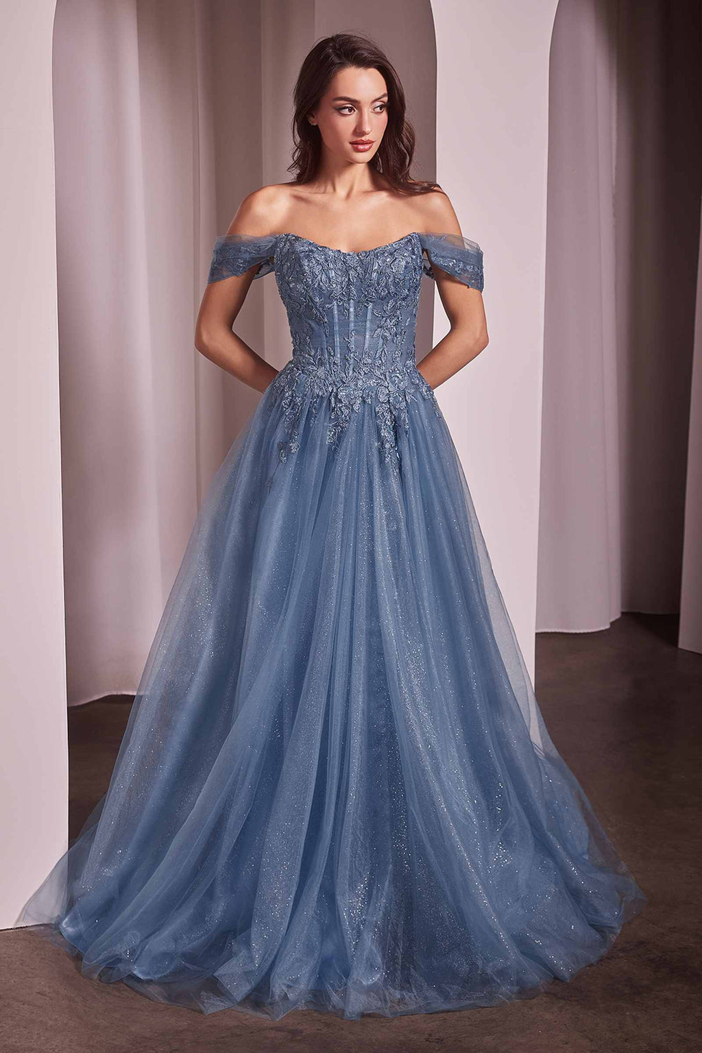 Blue glitter long off-shoulder A-line ball gown with lace bodice and off-shoulder sleeves