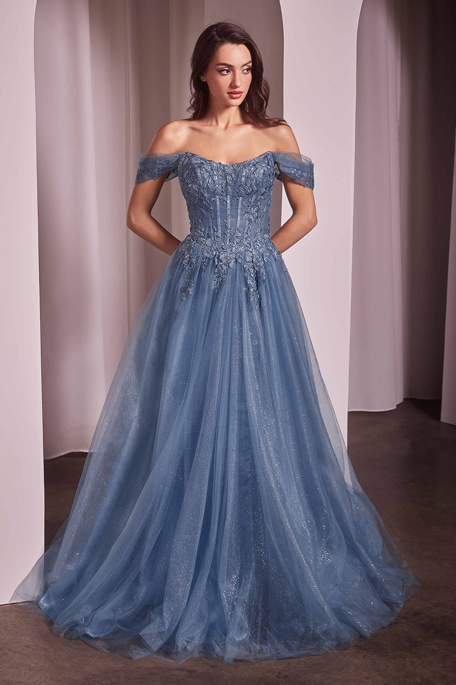 Blue glitter long off-shoulder A-line ball gown with lace bodice and off-shoulder sleeves