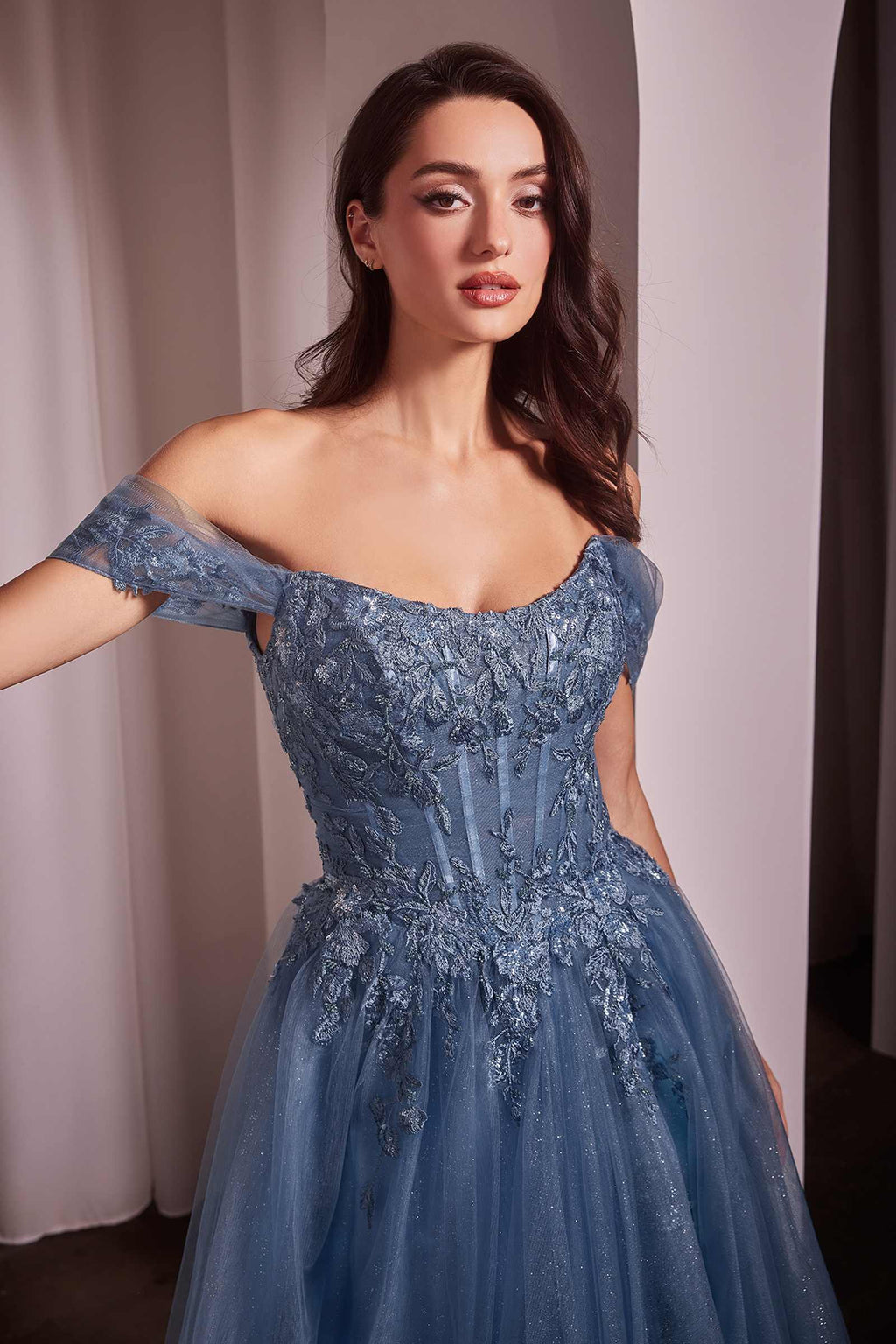 Blue glitter off-shoulder A-line ball gown with lace bodice and textured skirt