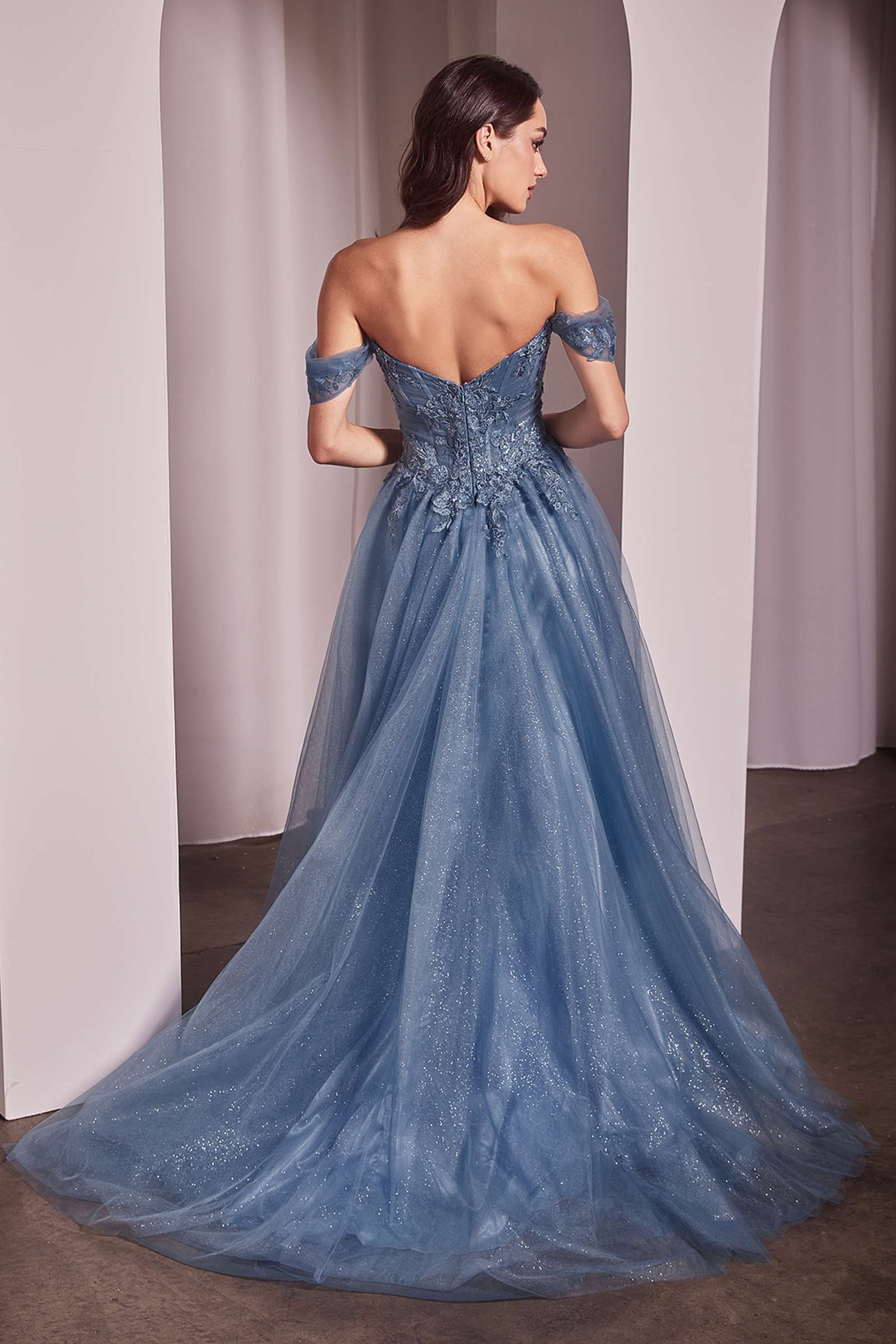 Blue glitter long off-shoulder A-line ball gown, open back with lace corset detail