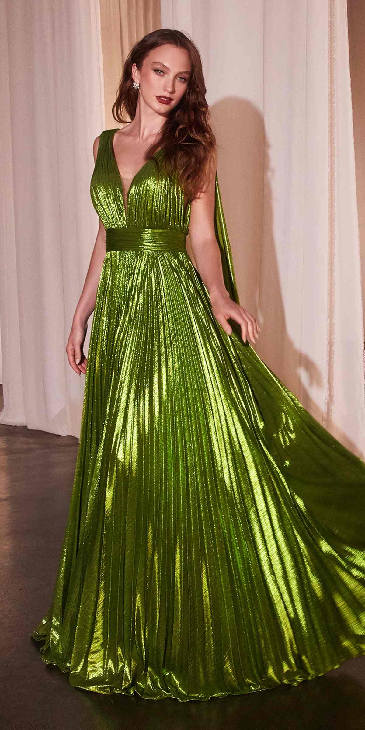 Metallic pleated A-line gown, sleeveless V-neck, green, with gathered waist