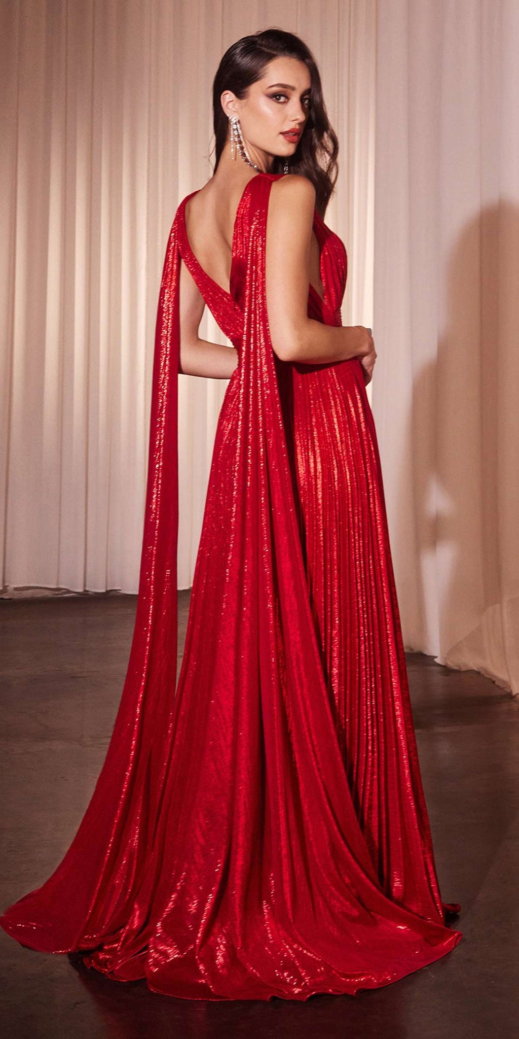 Metallic pleated A-line gown with cape detail, sleeveless V-neck, red