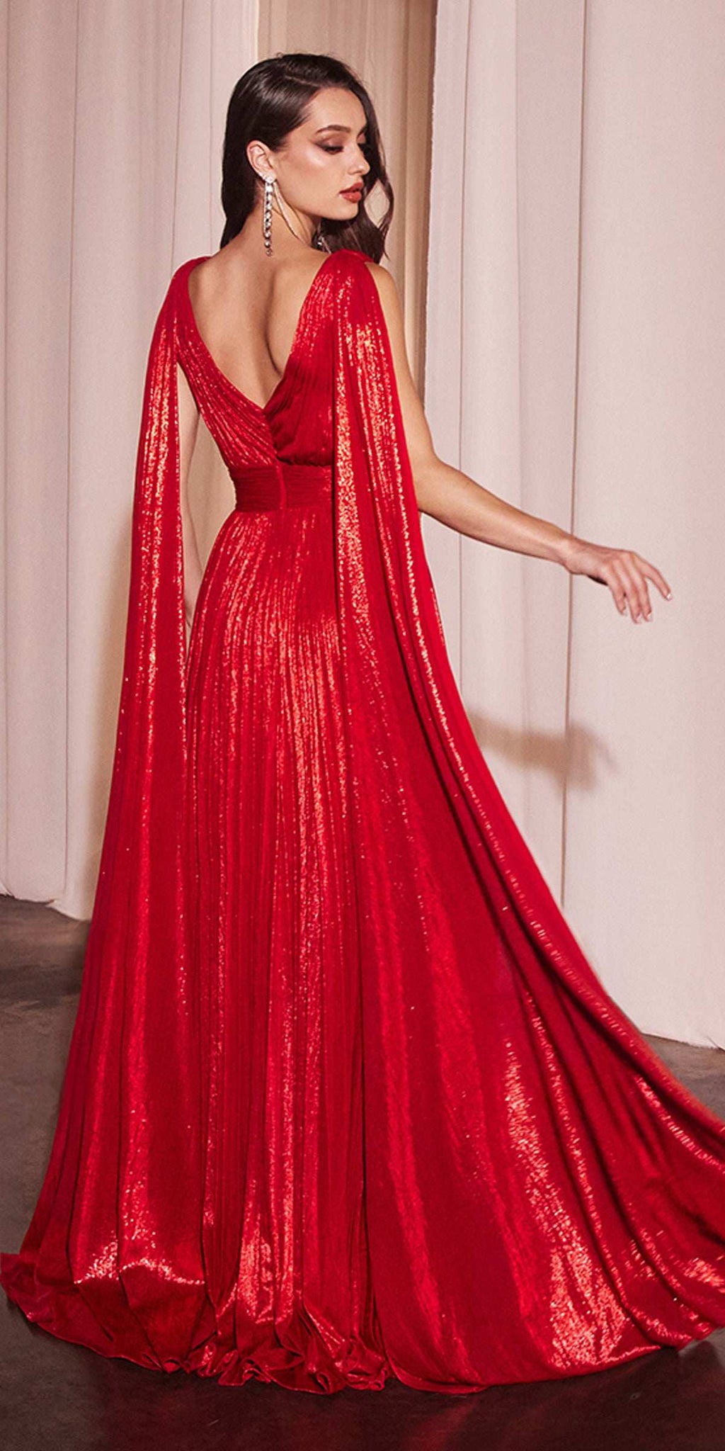 Metallic pleated A-line gown with long cape drape, sleeveless V-neck, red