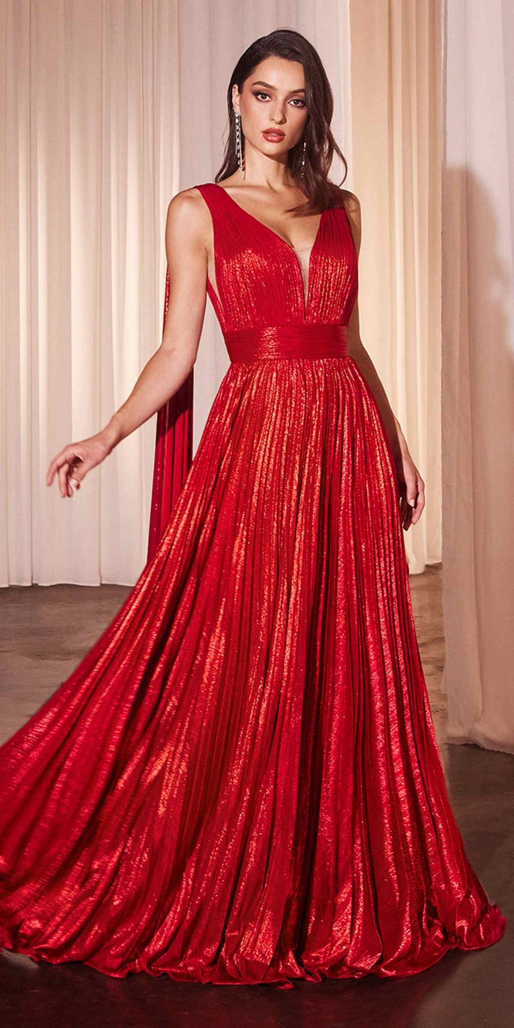 Metallic pleated A-line gown with cape, sleeveless V-neck, red